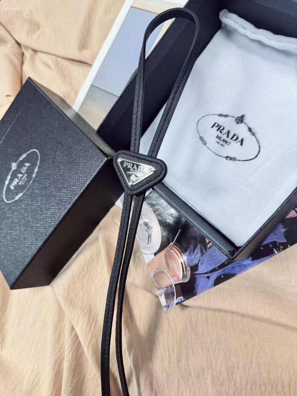 New PRADA Saffiano Leather Bolo Tie🖤 Black | Triangle Logo | Gift Box ✨ - Picture 6 of 8